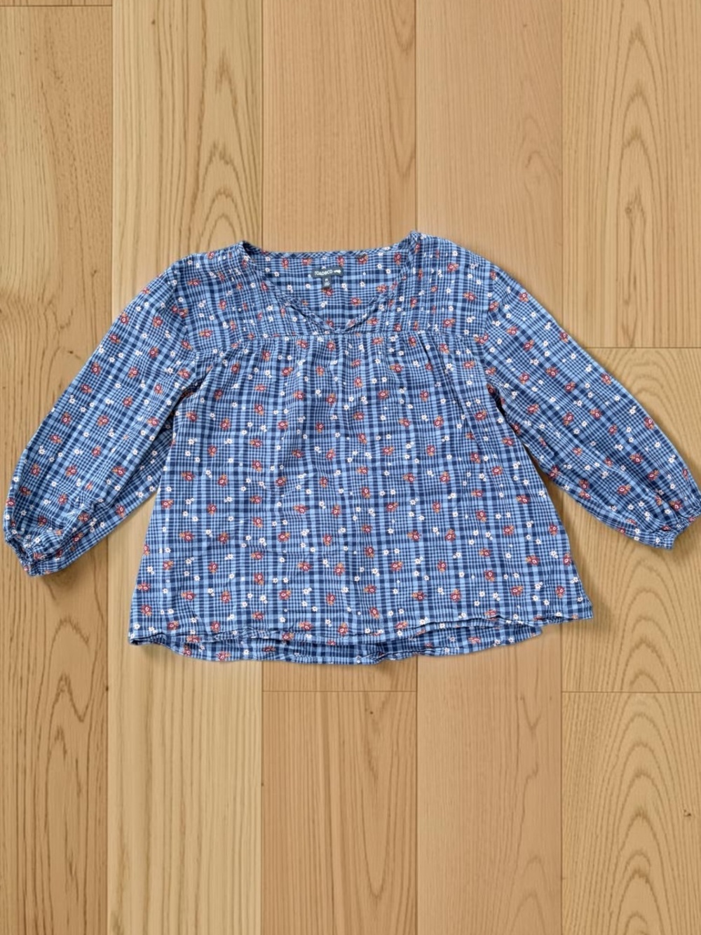 Toad&Co Women’s Organic Cotton Plaid Floral Peasant Blouse Blue Size M